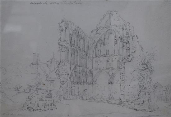 A group of assorted unframed prints and watercolours including a Francis Nicholson drawing of Much Wenlock Priory, 9.5 x 14in.